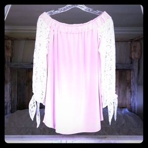 Pink off the shoulder lace sleeved top